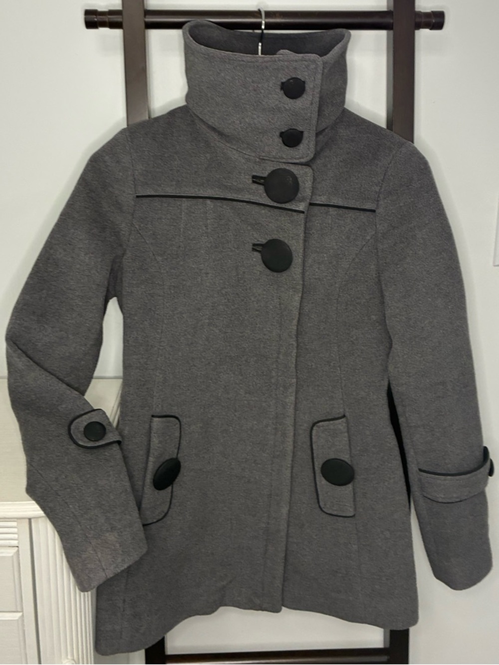 Soia & Kyo Gray High-Collar Wool blend Pea Coat Oversized Buttons | Size XS